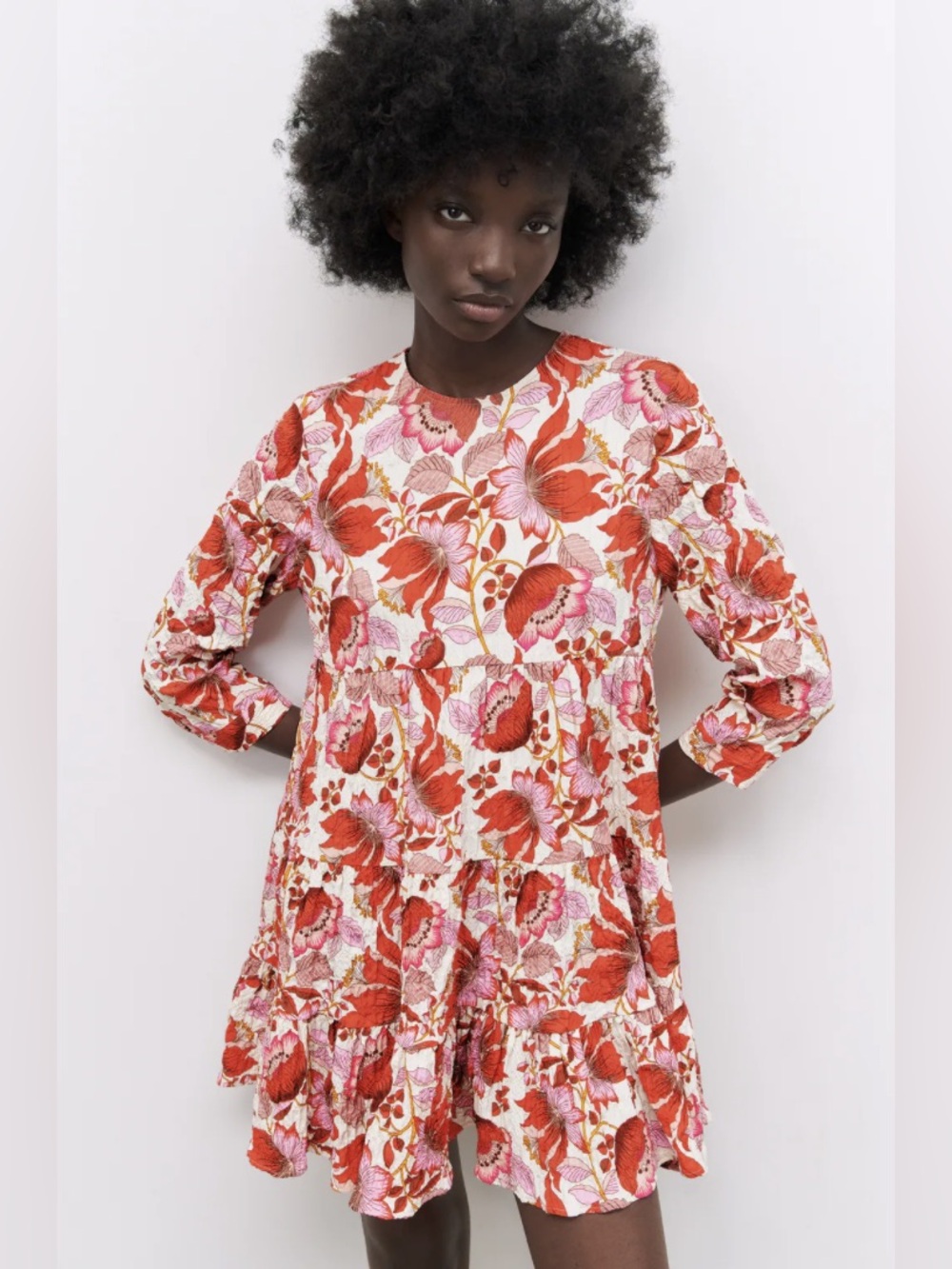 ZARA Sharon Crinkled Textured Floral Print Tiered Mini Dress Red/Pink Sz Large